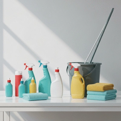 Cleaning supplies and equipment, such as spray bottles, microfiber cloths, and a bucket, arranged neatly on a clean surface