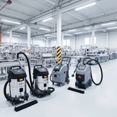 Professional industrial cleaning equipment in a modern factory setting