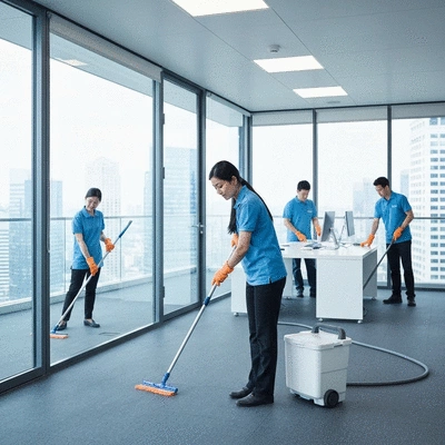 Professional cleaning staff working in a modern office environment