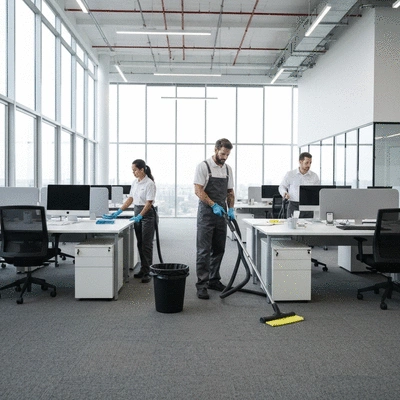 Office cleaning team at work in a modern office