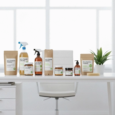 Eco-friendly cleaning products on an office desk