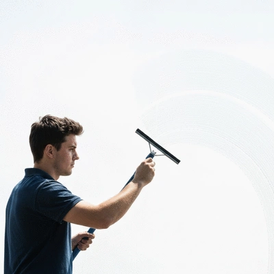 Person using a squeegee to clean a large window, creating streaks of clean glass