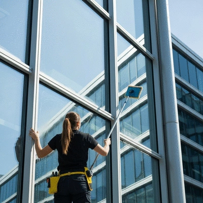 Un professionnel nettoyant des vitres avec des outils modernes, mettant en évidence la propreté et la clarté
