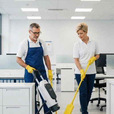 Professional cleaning staff disinfecting an office space with modern equipment, bright and clean environment, no text, no words, no typography, 8K