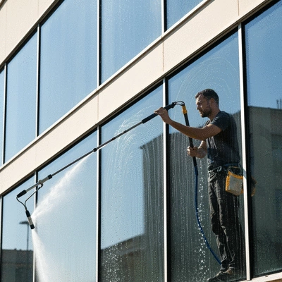 Professional window cleaner using water-fed pole system on a modern building in Montpellier