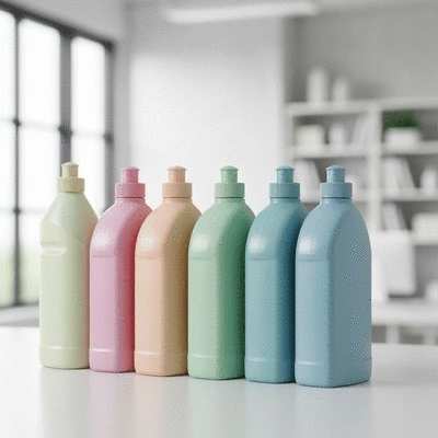 Bouteilles de produits de nettoyage écologiques alignées sur une surface propre, avec un arrière-plan flou d'un environnement de travail moderne et lumineux, pas de texte, pas de mots, pas de typographie, 8K