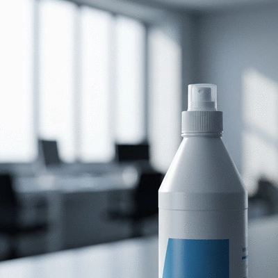 Close-up of a professional cleaning product bottle with a blurred background of a clean, disinfected office, no text, no words, no typography, 8K