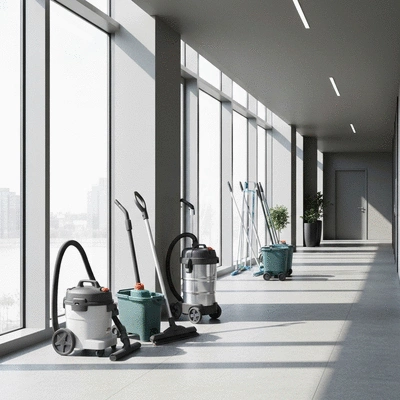 Professional cleaning equipment in an office corridor, no text, no words, no typography, 8K