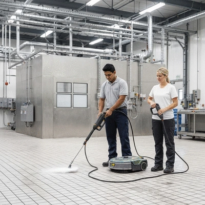 Industrial cleaning crew using modern equipment in a large facility