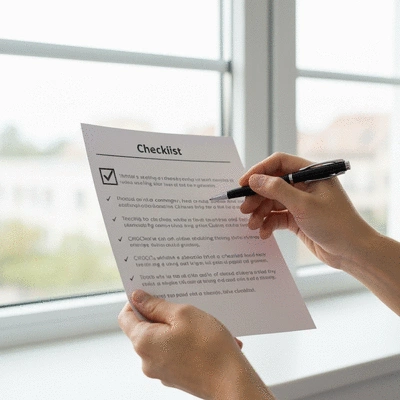 Hands holding a checklist and a pen, highlighting points for choosing a cleaning company, with a clean window background