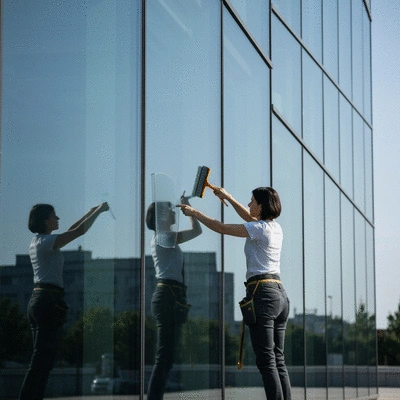 Professional window cleaner cleaning a large glass surface with tools, bright daylight, clear reflection, no text, no words, no typography, 8K