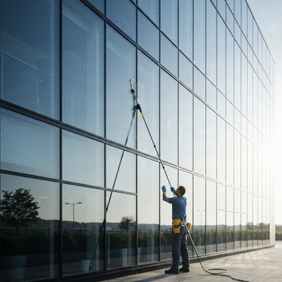 Un professionnel qui nettoie les fenêtres d'un bâtiment commercial avec des produits écologiques