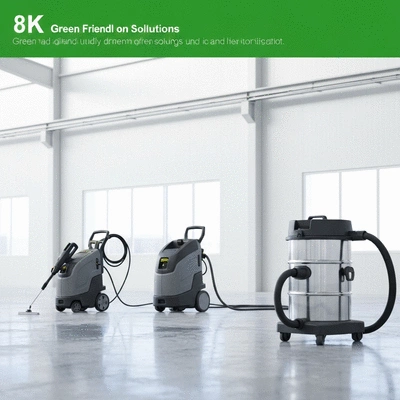 Industrial cleaning equipment being used in a modern factory setting with green cleaning solutions, clean image