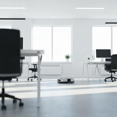 Cleaning robot operating in a modern office, no text, no words, no typography