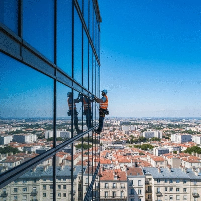 Professional window cleaner working on a tall building in Montpellier, clear blue sky, reflections of city buildings, no text, no words, no typography, clean image