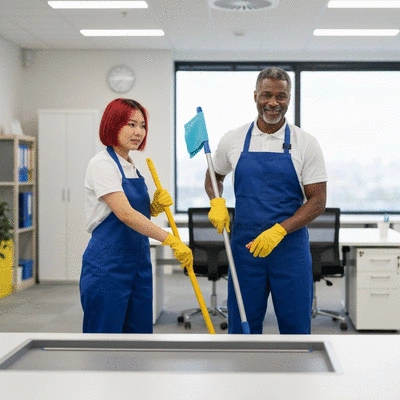 Professional cleaning team in a modern office environment