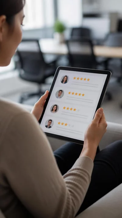 Personne lisant des avis en ligne sur une tablette