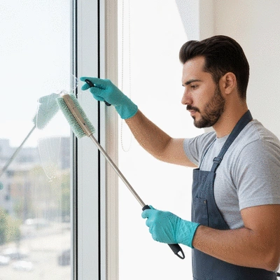 Un professionnel utilisant des outils écologiques pour nettoyer une vitre, avec un effet de brillance. Lumière naturelle, image de haute qualité, pas de texte.