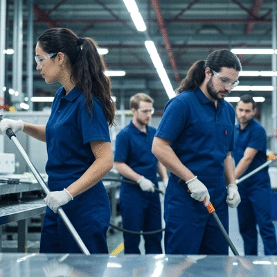 Team of professional cleaners working in a factory setting