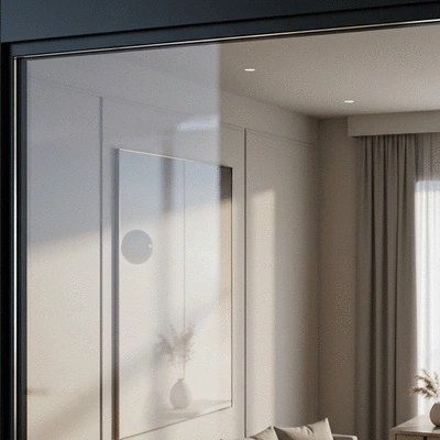 Clean glass pane reflecting a bright, modern interior