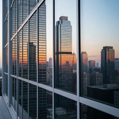 Detailed close-up of a transparent window pane with a reflection of a city skyline, sparkling clean, no text, no words, no typography, 8K