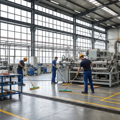 Industrial cleaning crew working in a modern factory setting