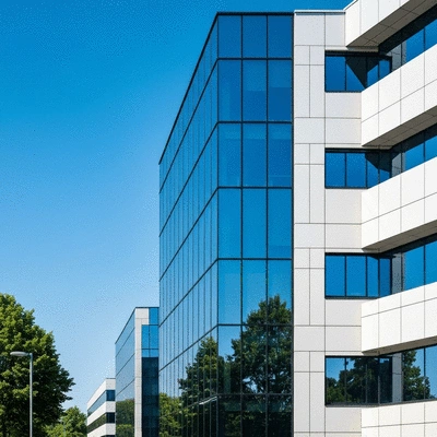 Modern office building with sparkling clean windows, reflecting blue sky and green trees, bright and professional, no text, no words, no typography, clean image
