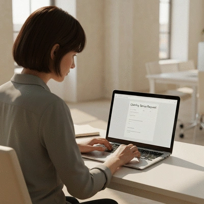 Person filling out a cleaning service request form on a laptop, clean image