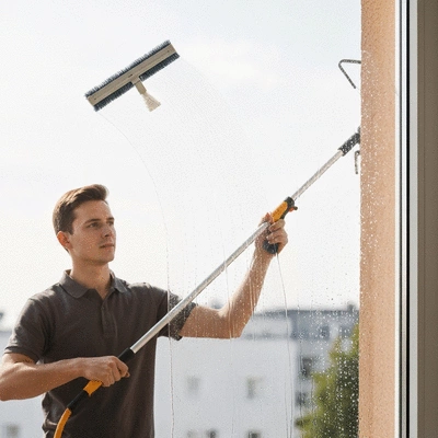Professional cleaning a window, showing clear glass and sparkling water droplets