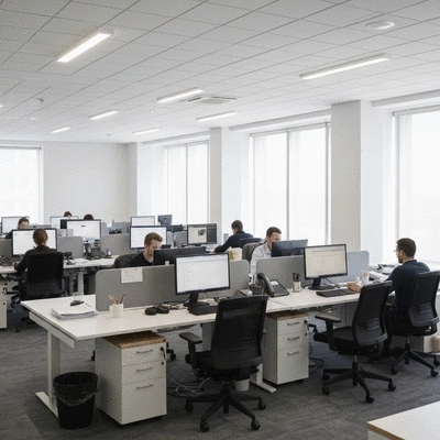 Modern office space with clean desks and bright natural light