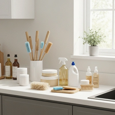 Modern cleaning tools and eco-friendly products arranged neatly on a counter, clean image