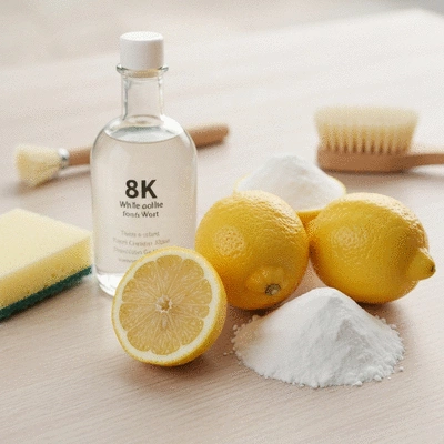 Gros plan sur des citrons, du vinaigre blanc et du bicarbonate de soude sur une surface en bois clair, avec des ustensiles de nettoyage en arrière-plan