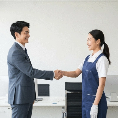 Happy business owner shaking hands with a cleaning service representative in a clean office