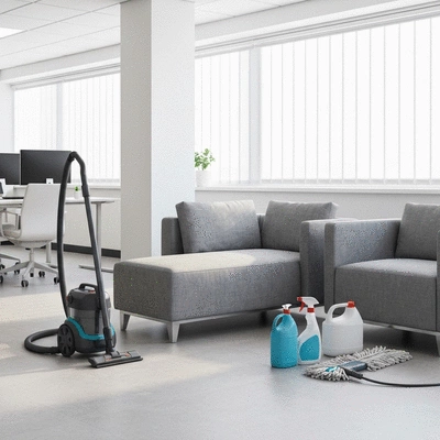 Modern office space with cleaning supplies subtly placed, symbolizing cleanliness and hygiene