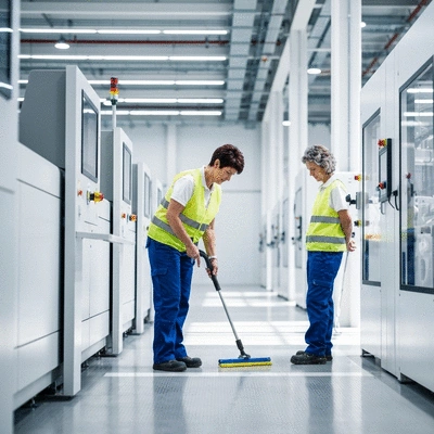 Industrial cleaning expert inspecting a clean factory floor with modern equipment in Montpellier
