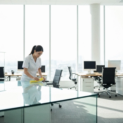 Modern office space being cleaned by a professional, showing sparkling surfaces and a clean environment