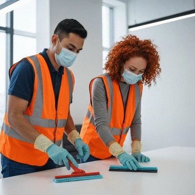 Professional cleaning crew disinfecting an office space