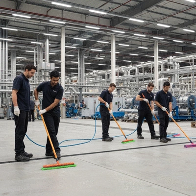 Industrial cleaning team working in a large facility, focused and efficient