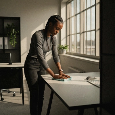 Person using eco-friendly cleaning products in a modern office, bright and clean, no text, no words, no typography, no labels, clean image