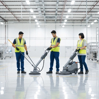 Industrial cleaning crew working in a spotless factory environment
