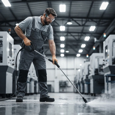 Industrial worker cleaning a factory floor with professional equipment