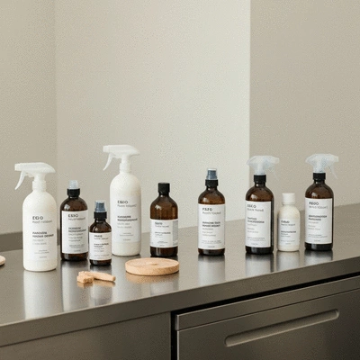 Eco-friendly cleaning products on a clean surface in a professional setting