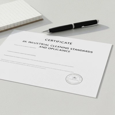 Close-up of a certificate or document detailing industrial cleaning standards and compliance
