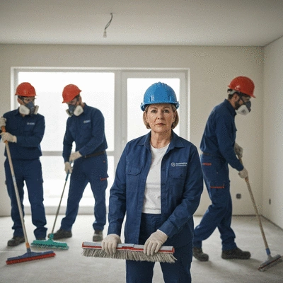 Professional cleaning team clearing construction debris and dust from a renovated room