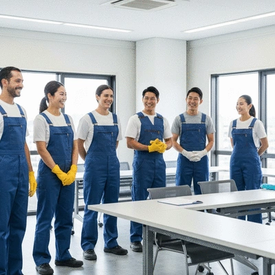 Un groupe de professionnels de la propreté en tenue de travail, souriants lors d'une formation sur la désinfection industrielle, dans un environnement de salle de conférence moderne, no text, no words, no typography, no labels, clean image