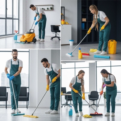 Professional cleaning staff working in a modern office, showing different services like floor cleaning and dusting, with cleaning tools visible, no text, no words, no typography, 8K