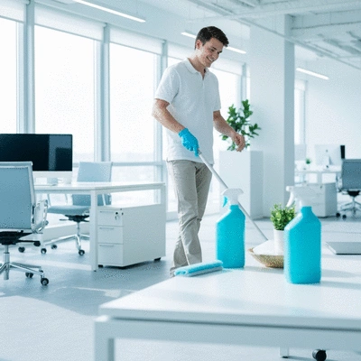 Modern office space being cleaned with eco-friendly products, natural light, no text, no words, no typography, clean image
