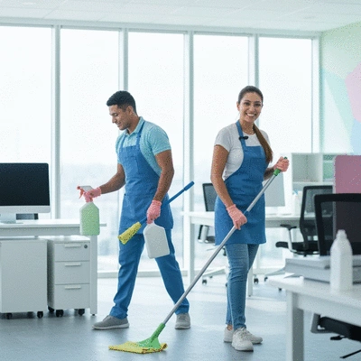 Professional cleaning staff working in a modern office environment, using eco-friendly products