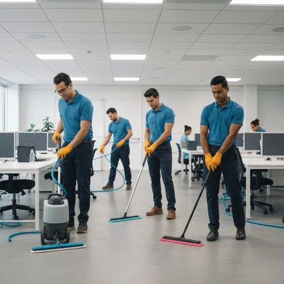 Professional cleaning team at work in a modern office, emphasizing teamwork and efficiency