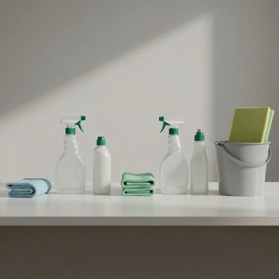 Eco-friendly cleaning products on a clean office desk